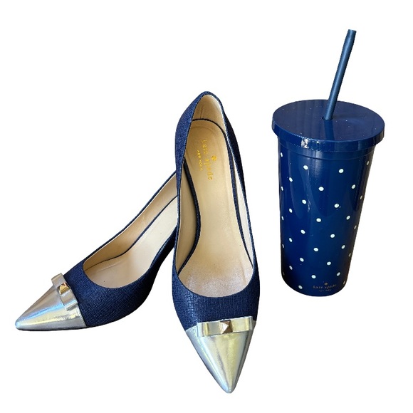 kate spade Shoes - Kate Spade NY Paloma Navy Embossed Leather Pump Silver Toe & Navy Dot Tumbler